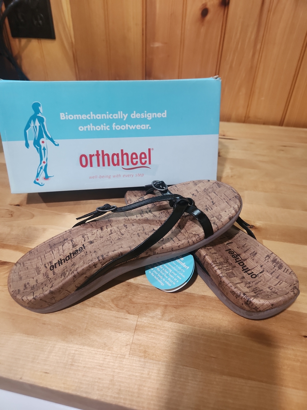 orthaheel Black Thong Sandals with Cork-Style Footbed Size8